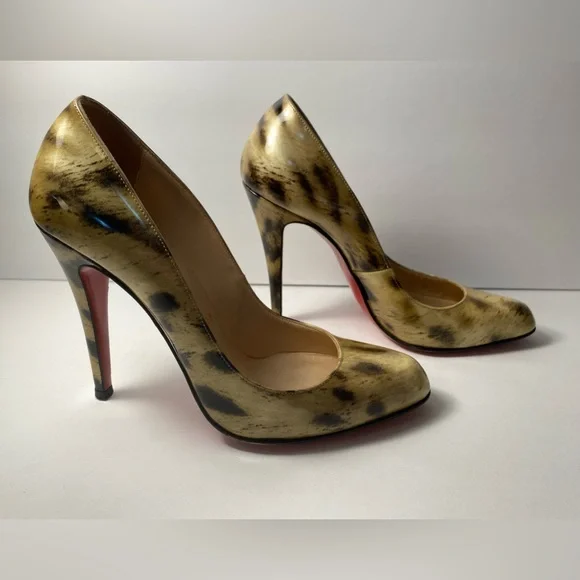 Christian Louboutin leopard print patent leather pumps heels gold black 36.5